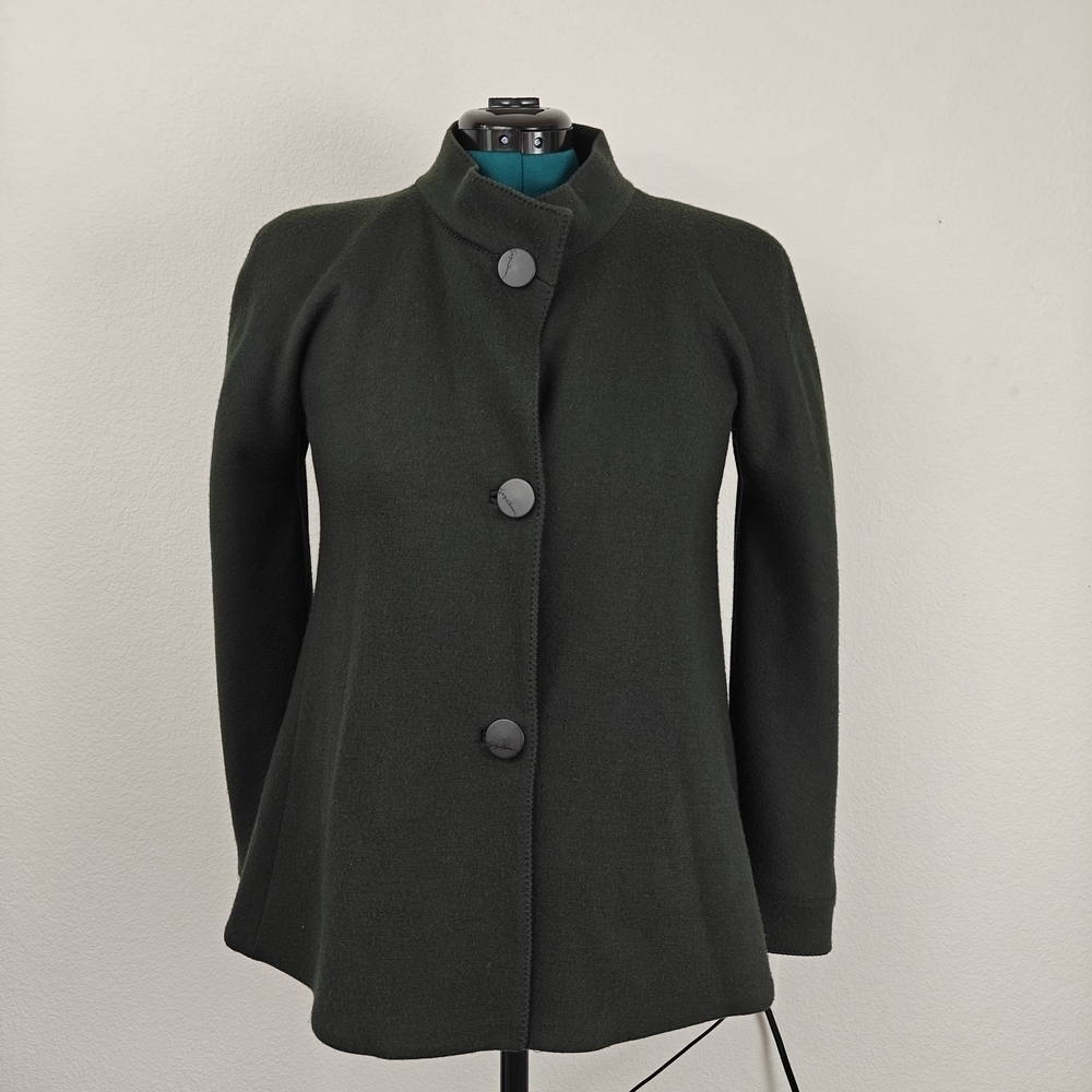 Giorgio Armani Vintage High Neck Signature Wool Button Pea Coat In Deep Green 46